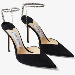NIB $1,125 JIMMY CHOO SAEDA 100 MM black suede pumps with crystals 39